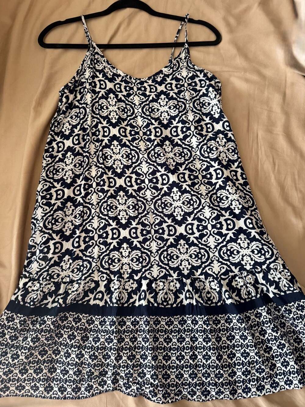 Blue and White Boho Print Spaghetti Strap Tiered Sundress